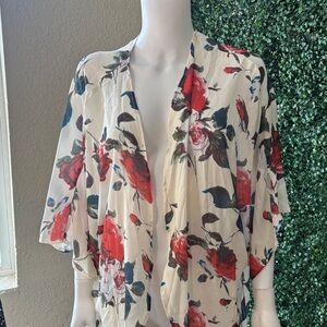 Floral Open-Front Cream Tunic with Red Rose Print